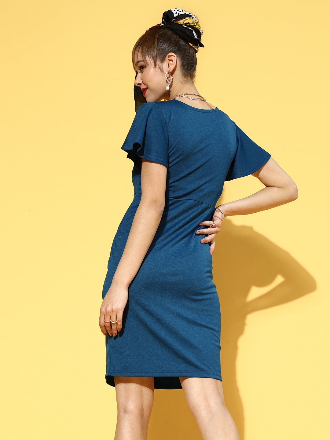 Women Deep Navy Blue Solid Flutter Sleeves Dress