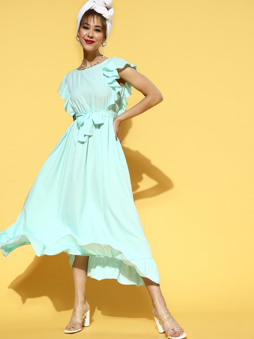 Women Alluring Turquoise Blue Solid Tiered Dress