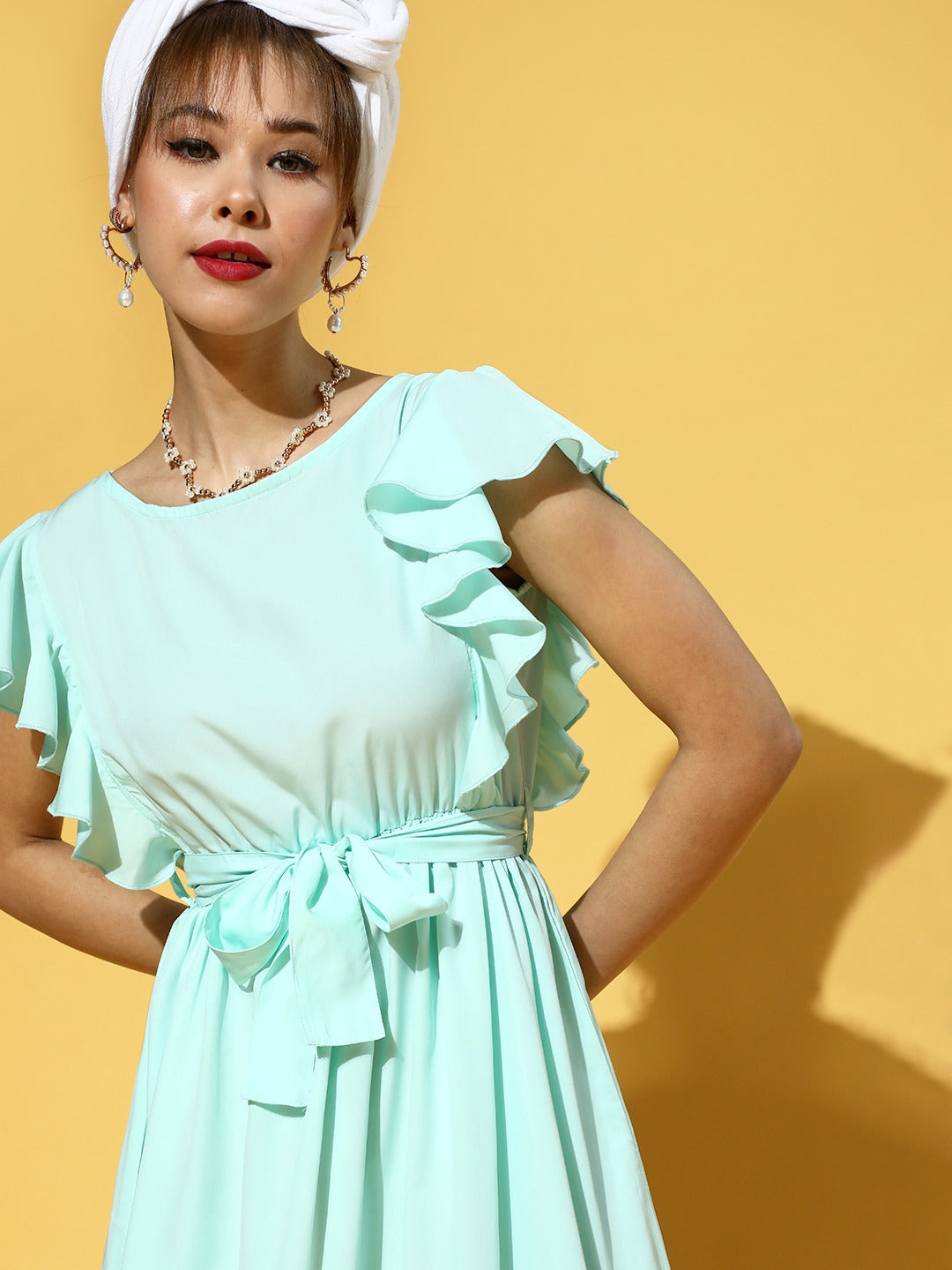 Women Alluring Turquoise Blue Solid Tiered Dress