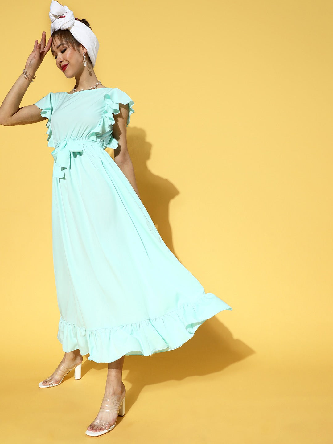 Women Alluring Turquoise Blue Solid Tiered Dress