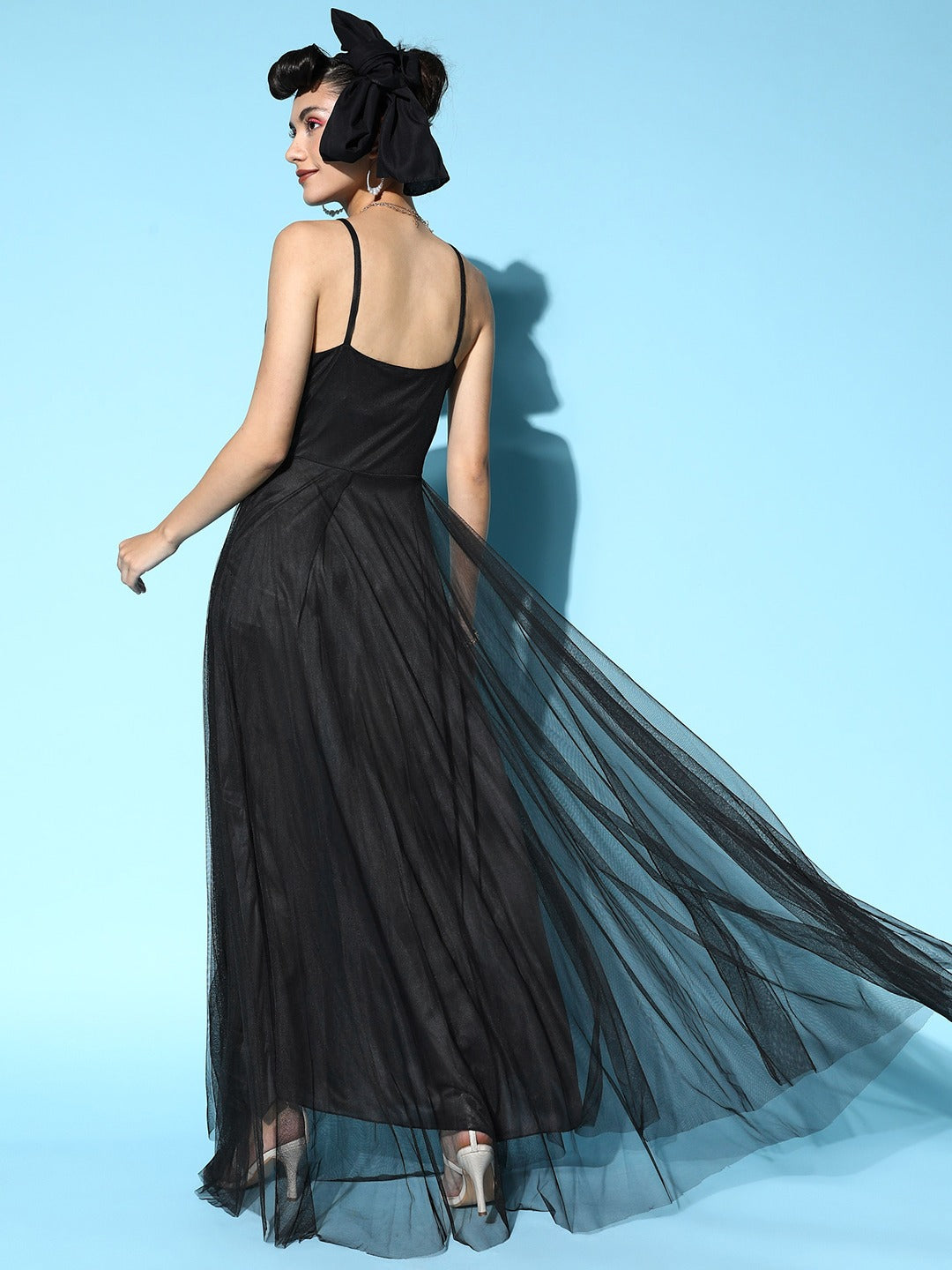 Women Classy Black Solid Elevated Gown Dress