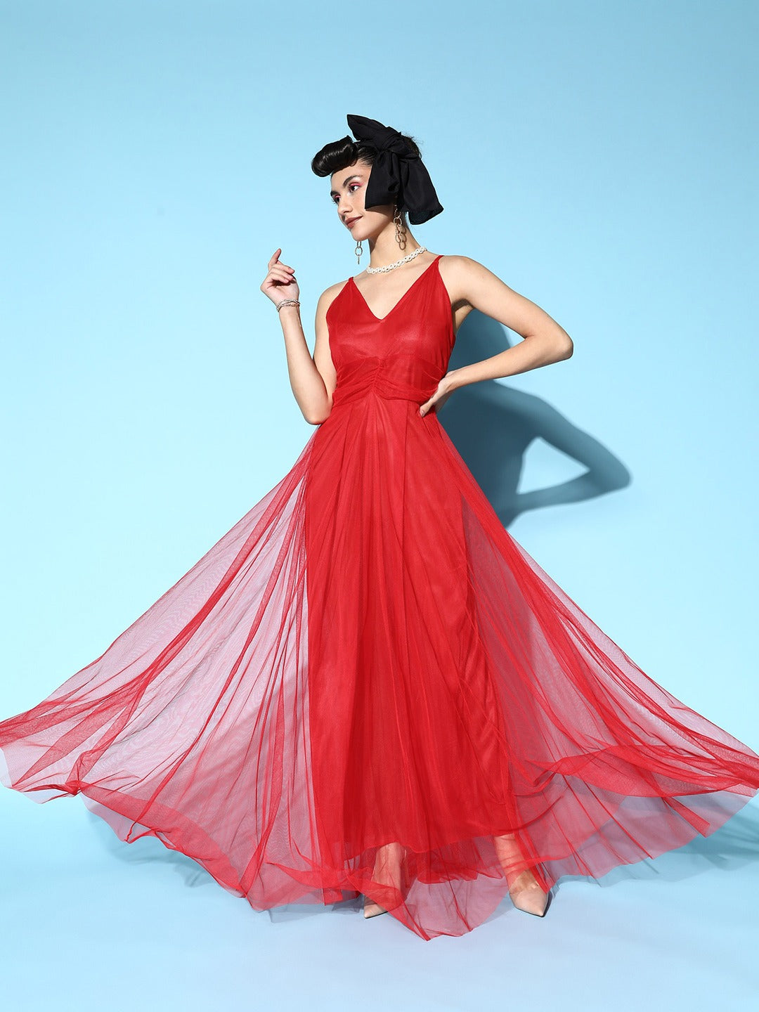 Women Red Solid Elevated Gown Dress