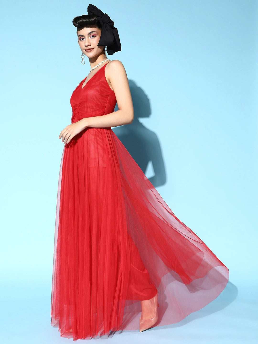 Women Red Solid Elevated Gown Dress
