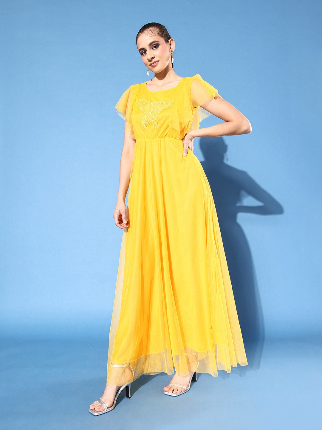 Women Yellow Embroidered Net Maxi Dress