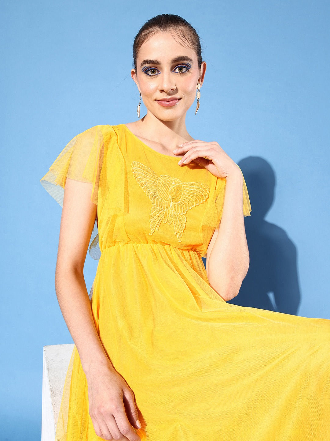 Women Yellow Embroidered Net Maxi Dress