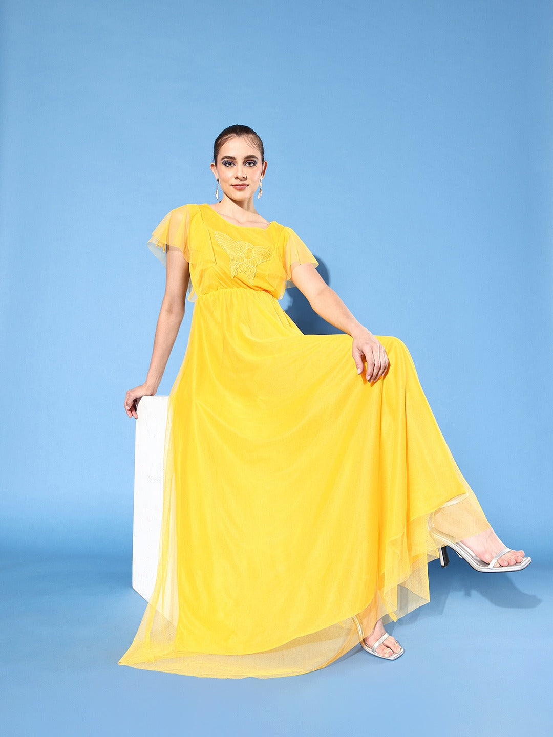 Women Yellow Embroidered Net Maxi Dress