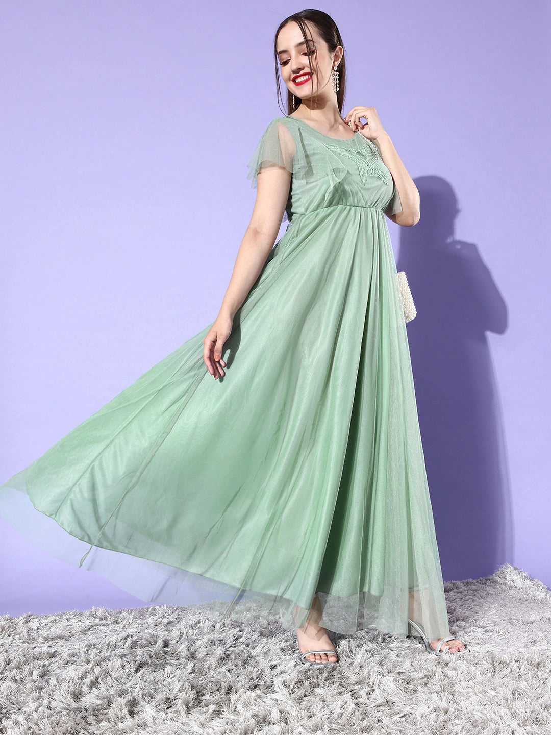 Women Green Solid Ruffle Net Maxi Dress