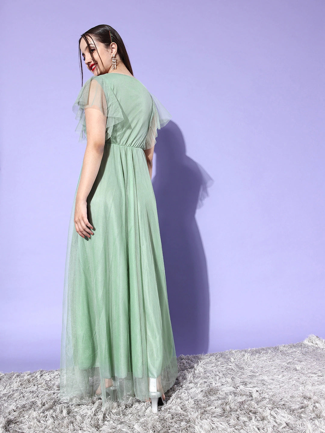 Women Green Solid Ruffle Net Maxi Dress