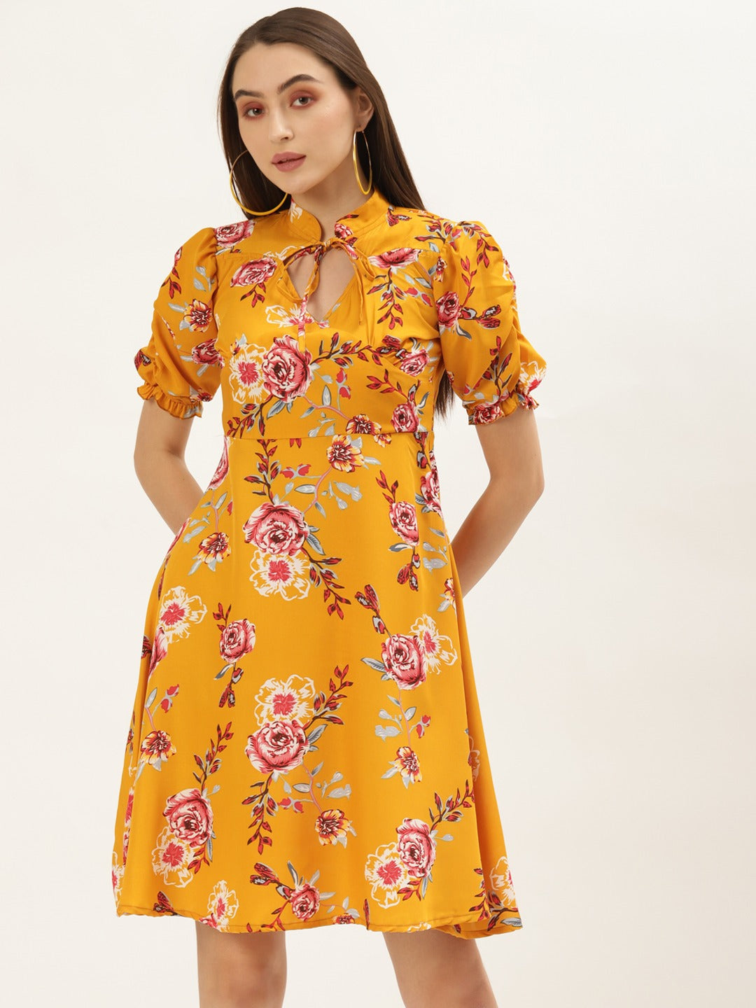 Women Mustard Floral Keyhole Neck A-Line Dress