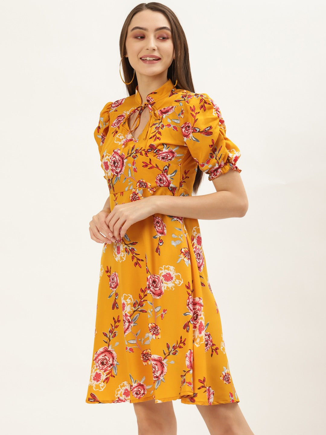 Women Mustard Floral Keyhole Neck A-Line Dress