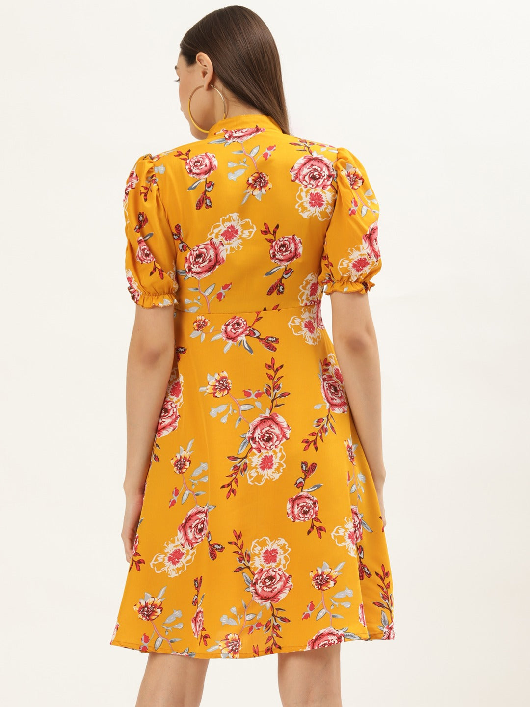 Women Mustard Floral Keyhole Neck A-Line Dress