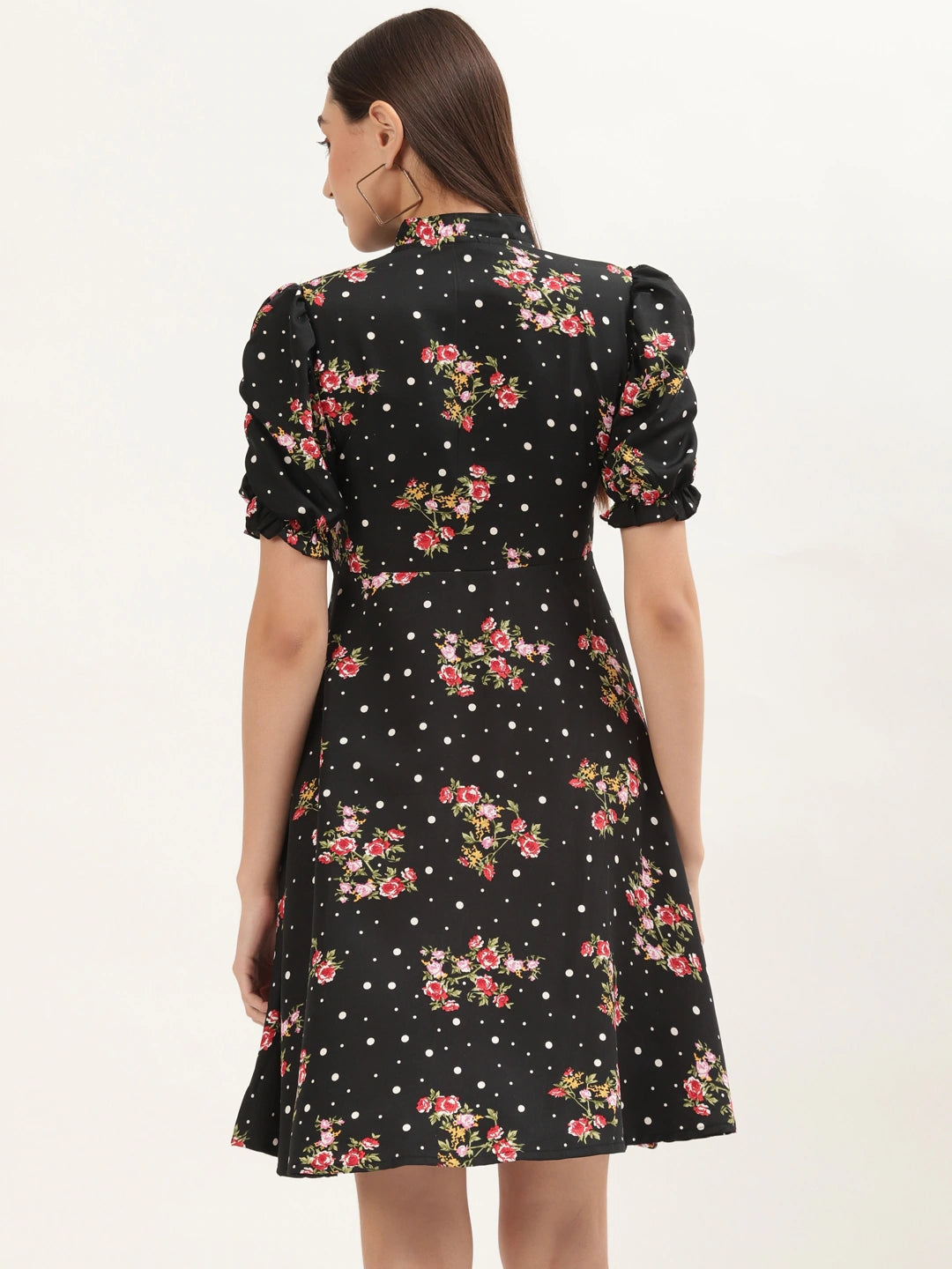 Women Black Floral Keyhole Neck A-Line Dress