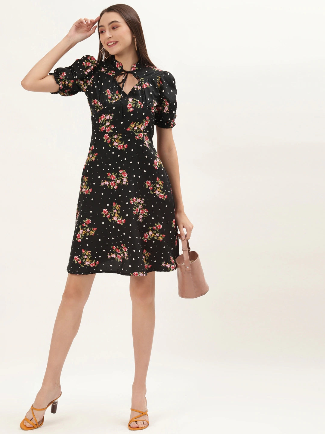 Women Black Floral Keyhole Neck A-Line Dress