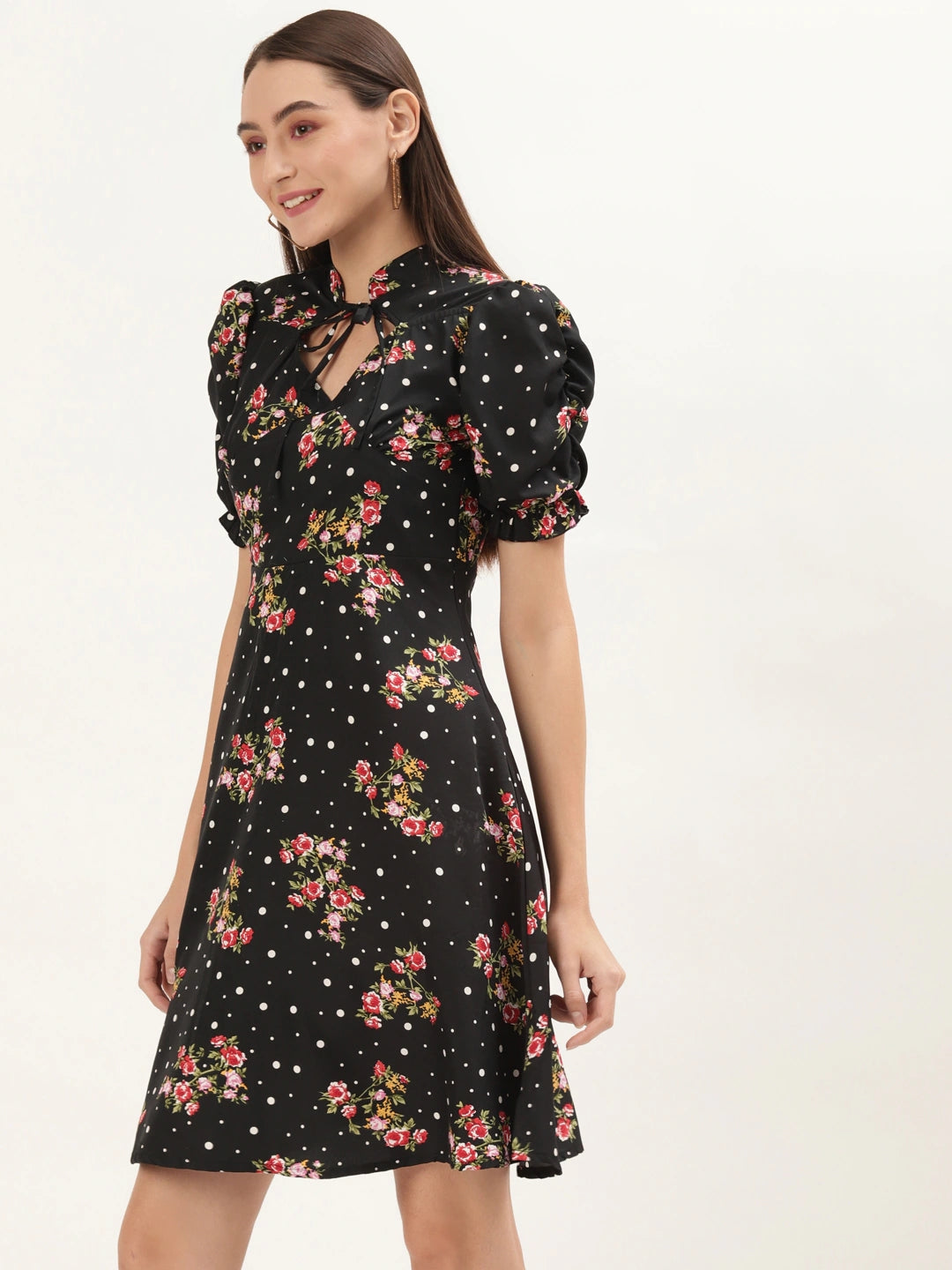 Women Black Floral Keyhole Neck A-Line Dress