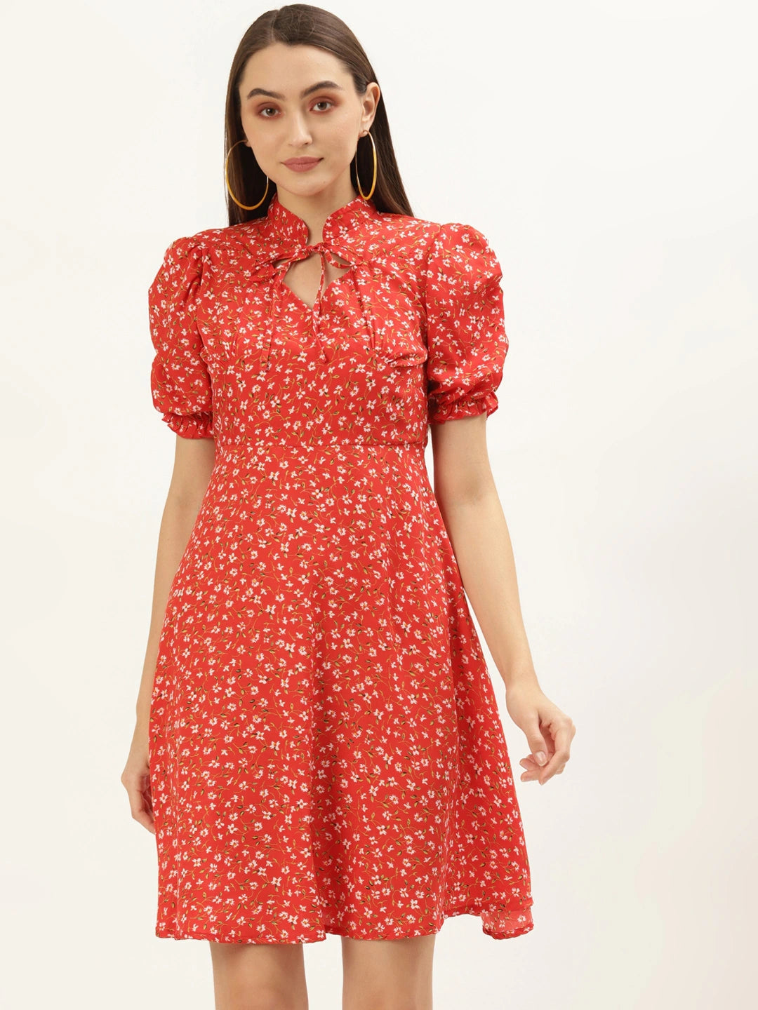 Women Red Floral Keyhole Neck A-Line Dress