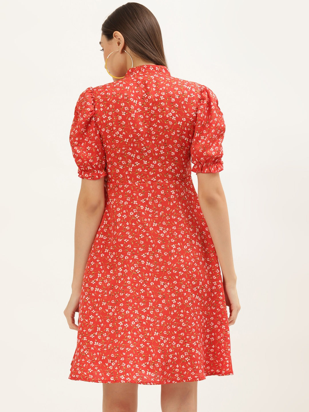 Women Red Floral Keyhole Neck A-Line Dress