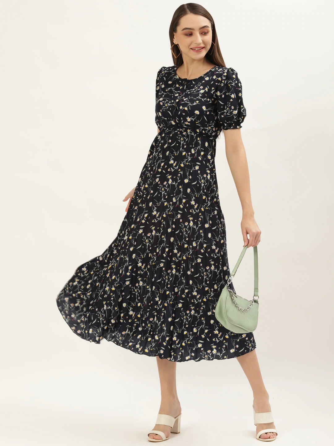 Women Blue Floral Crepe Midi Dress