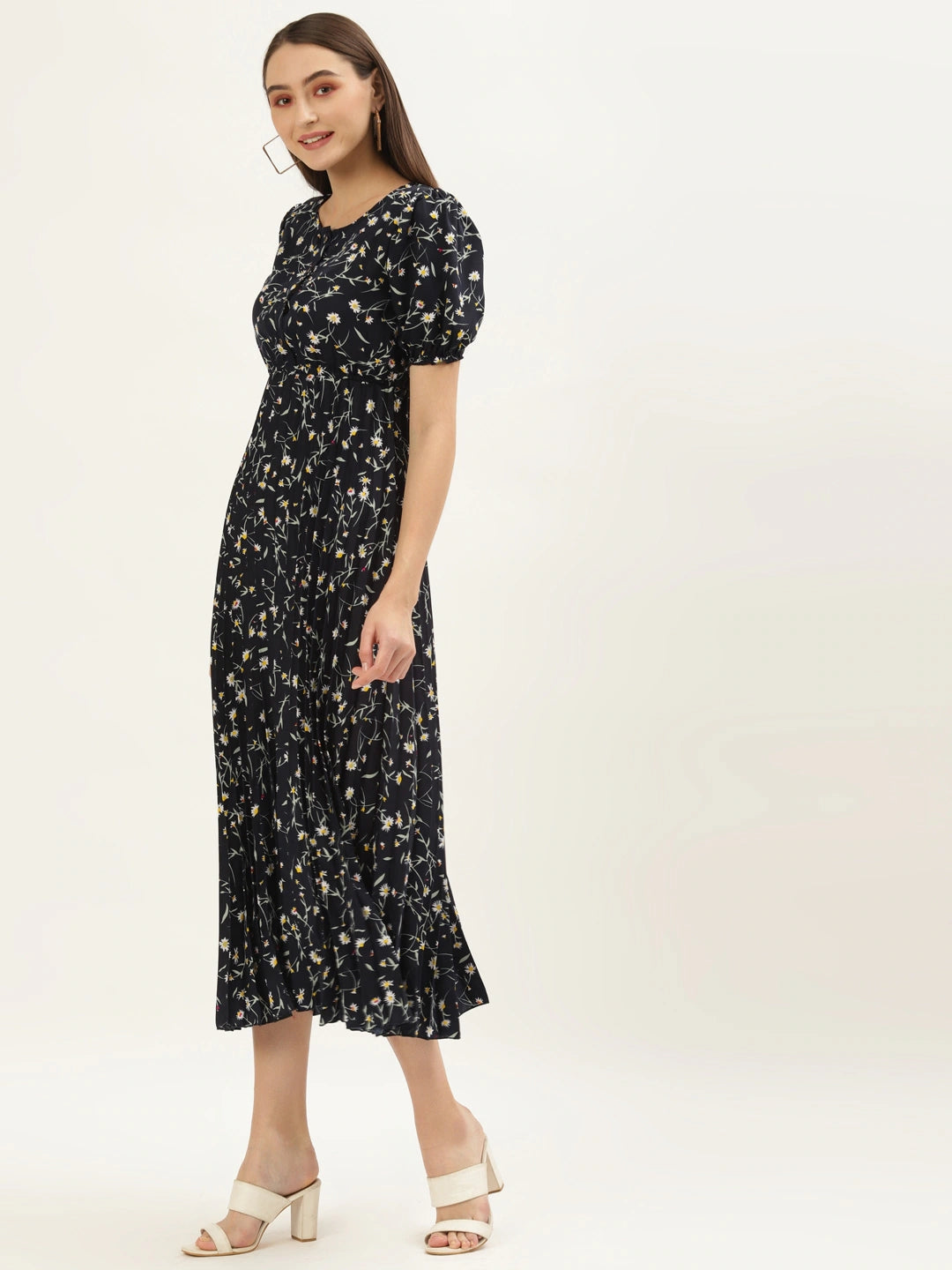 Women Blue Floral Crepe Midi Dress