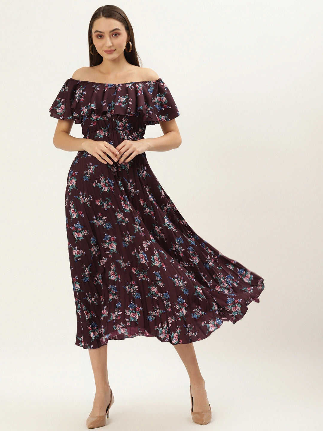 Women Maroon Floral Off-Shoulder Crepe Midi Dress