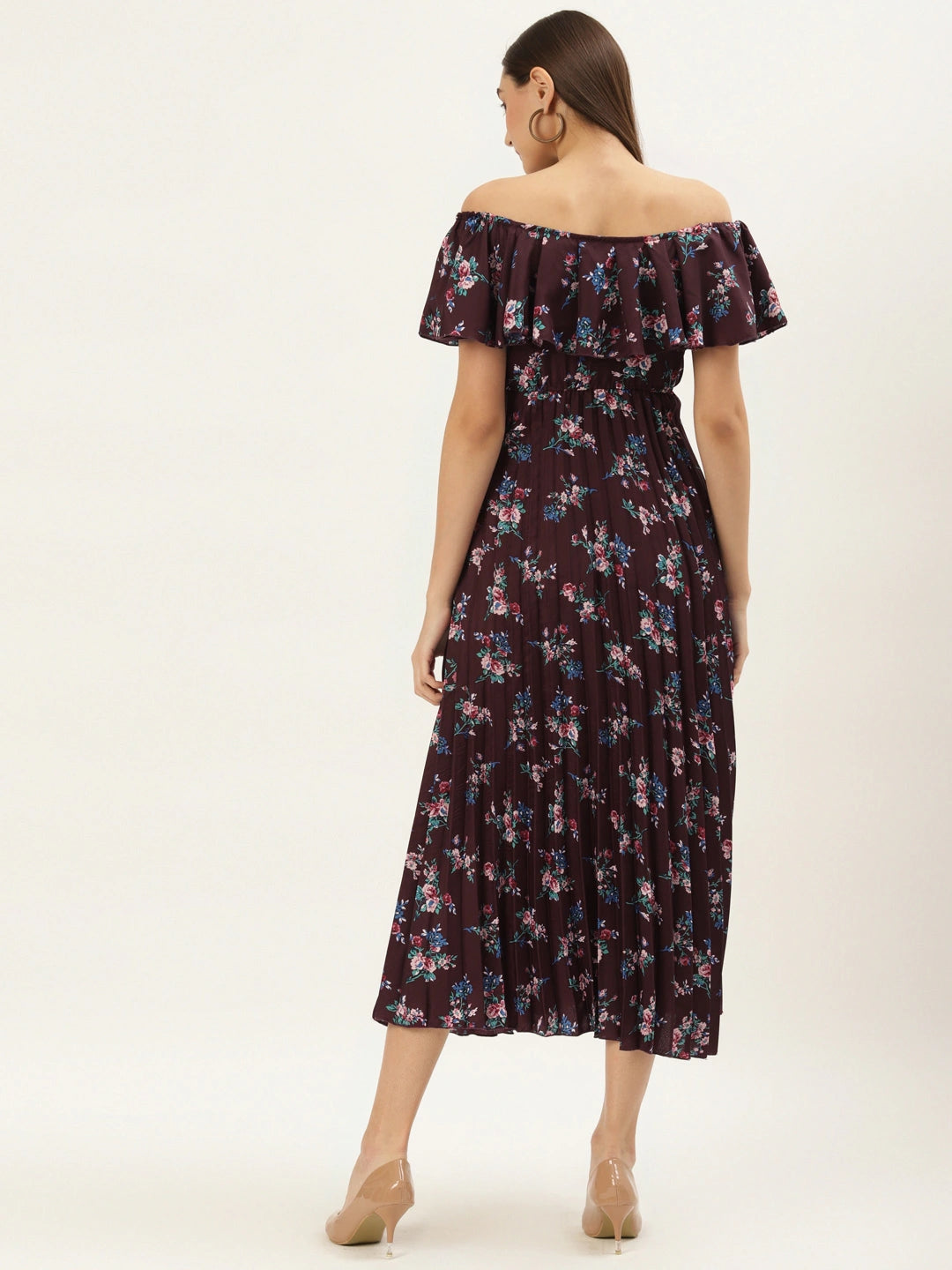 Women Maroon Floral Off-Shoulder Crepe Midi Dress