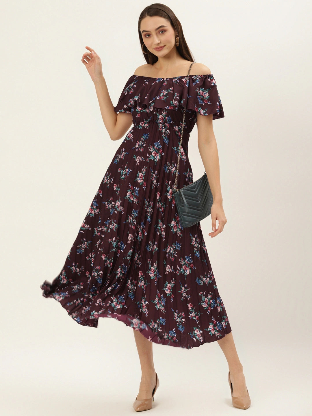 Women Maroon Floral Off-Shoulder Crepe Midi Dress