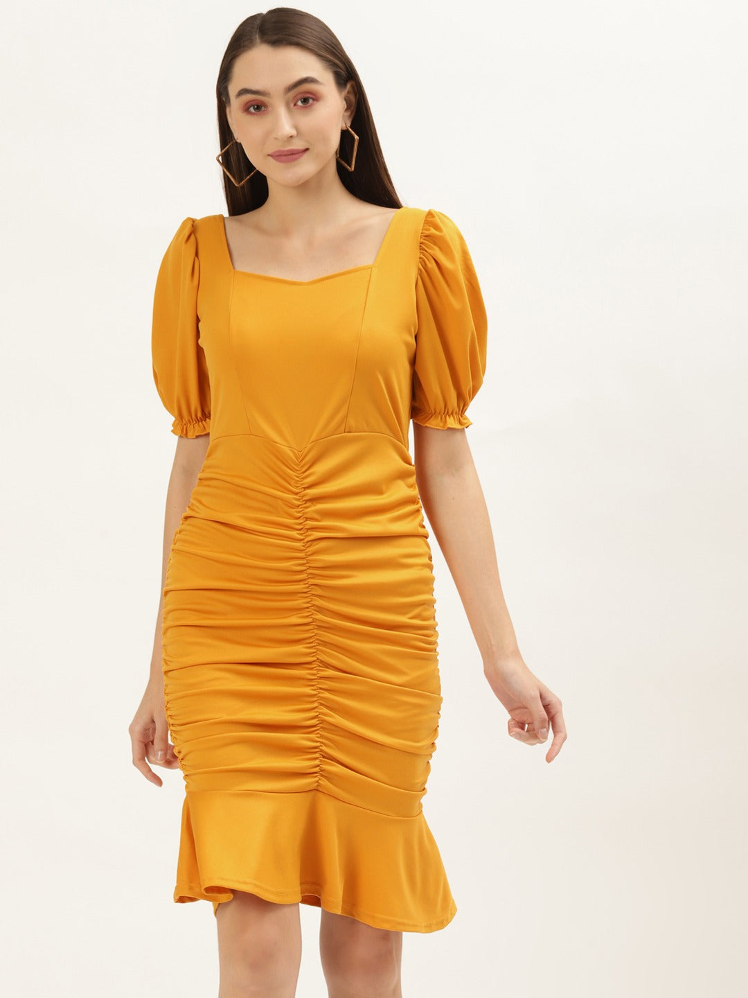 Women Mustard Solid Bodycon Dress