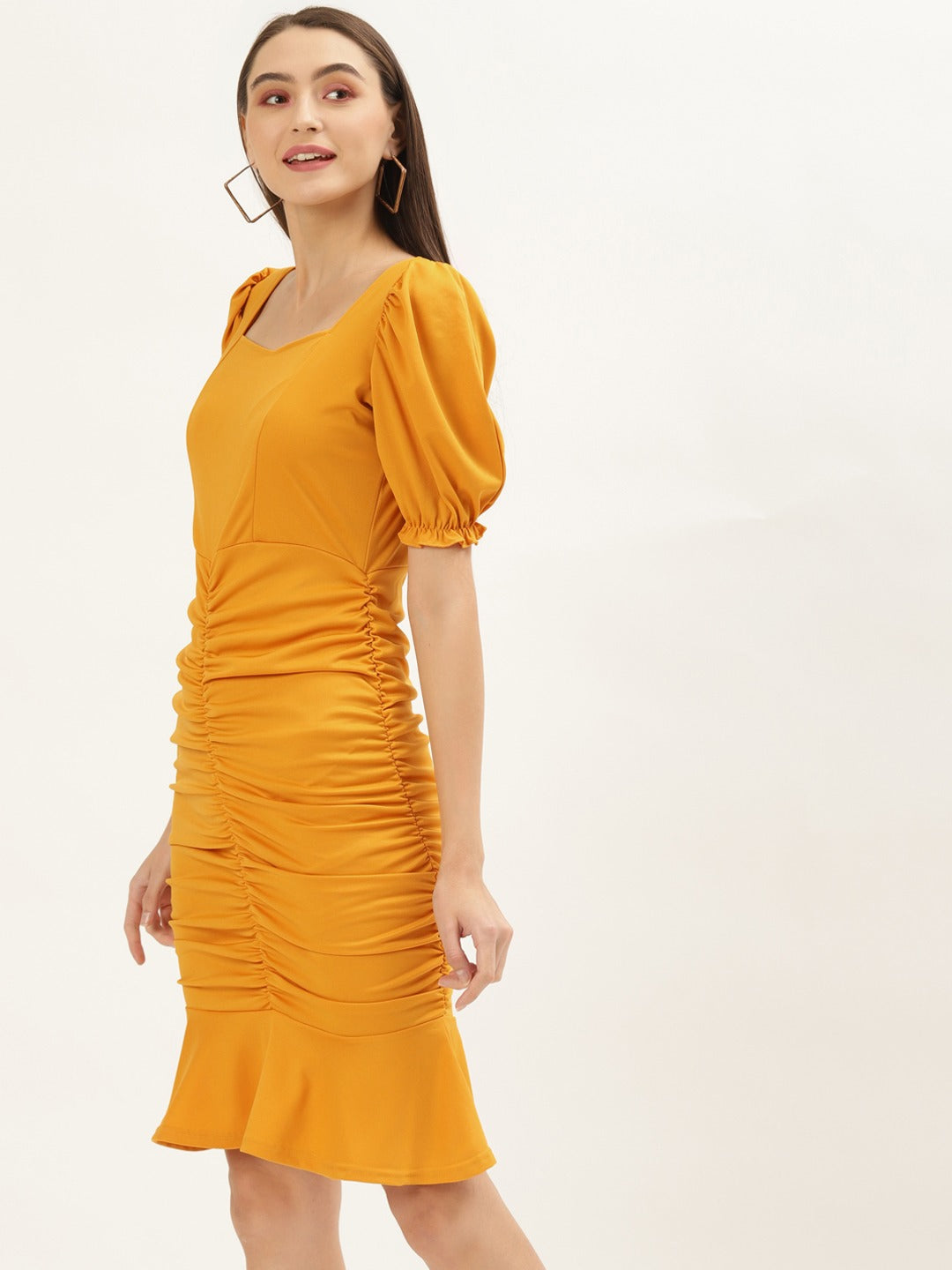 Women Mustard Solid Bodycon Dress
