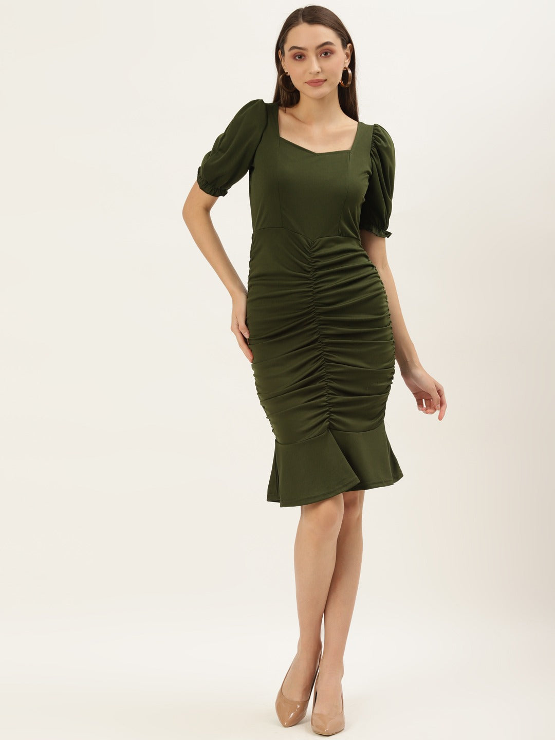 Women Olive Solid Bodycon Dress