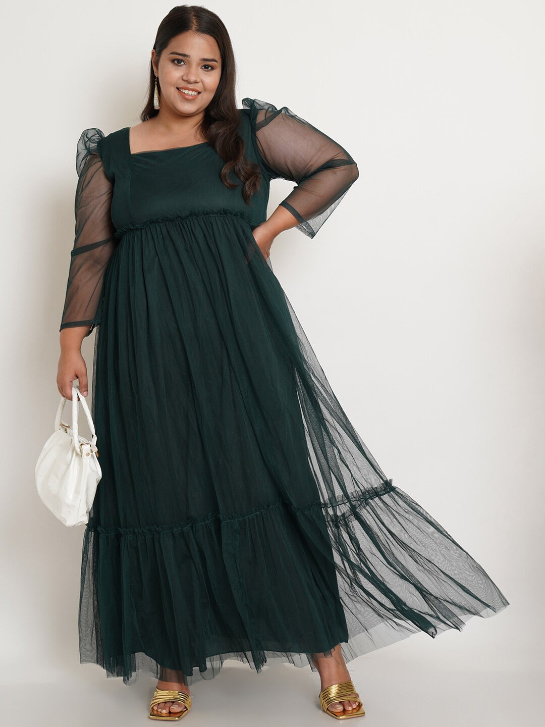 Women Plus Size Green Net Maxi Dress