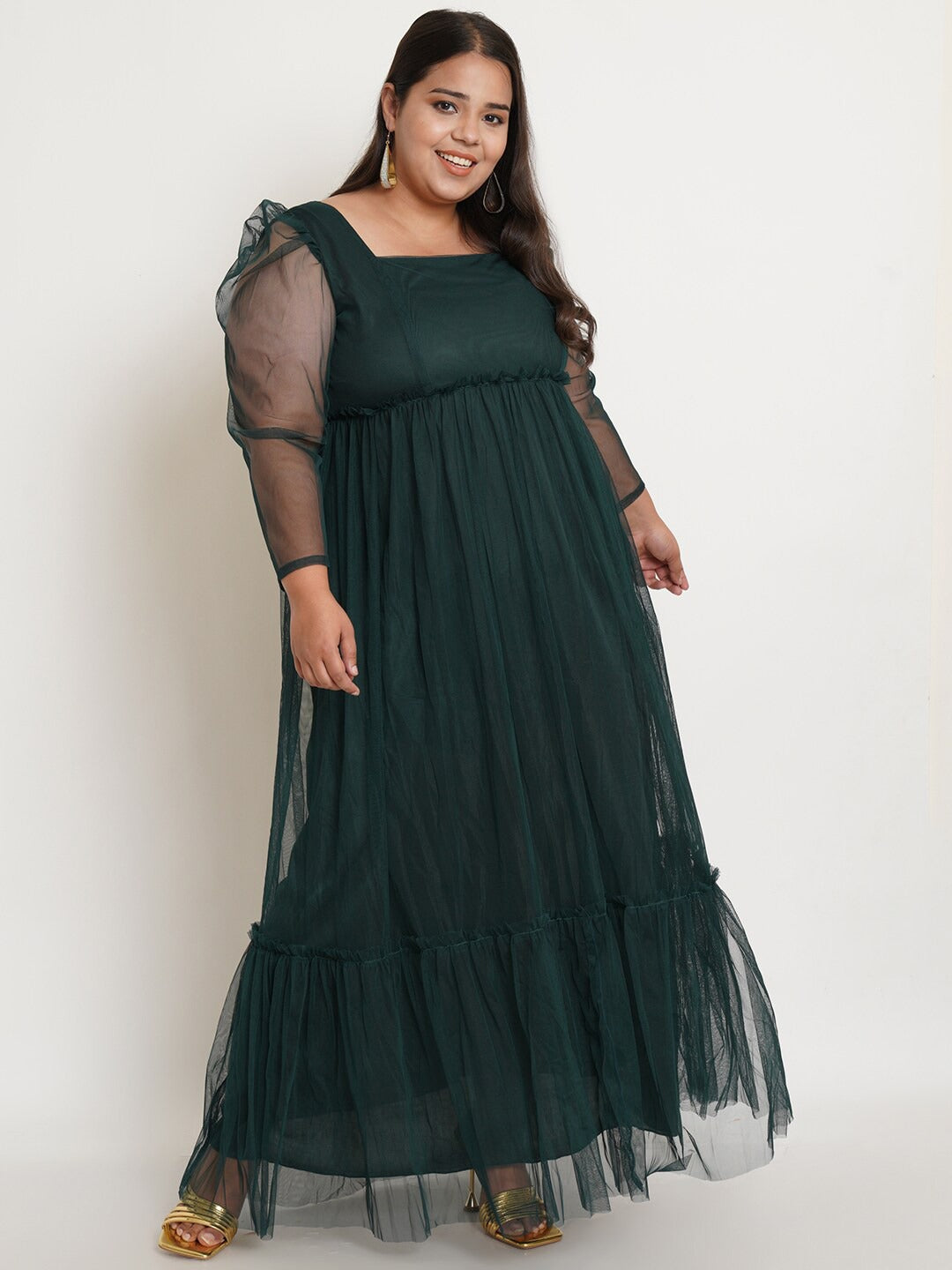 Women Plus Size Green Net Maxi Dress