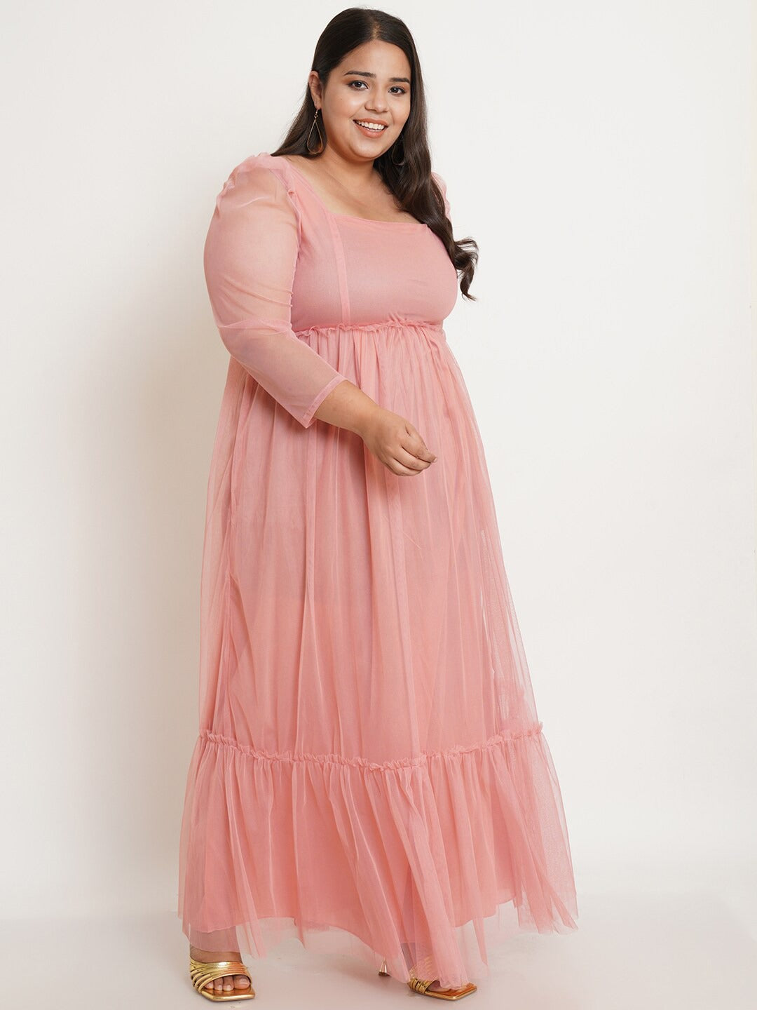 Women Plus Size Pink Net Maxi Dress