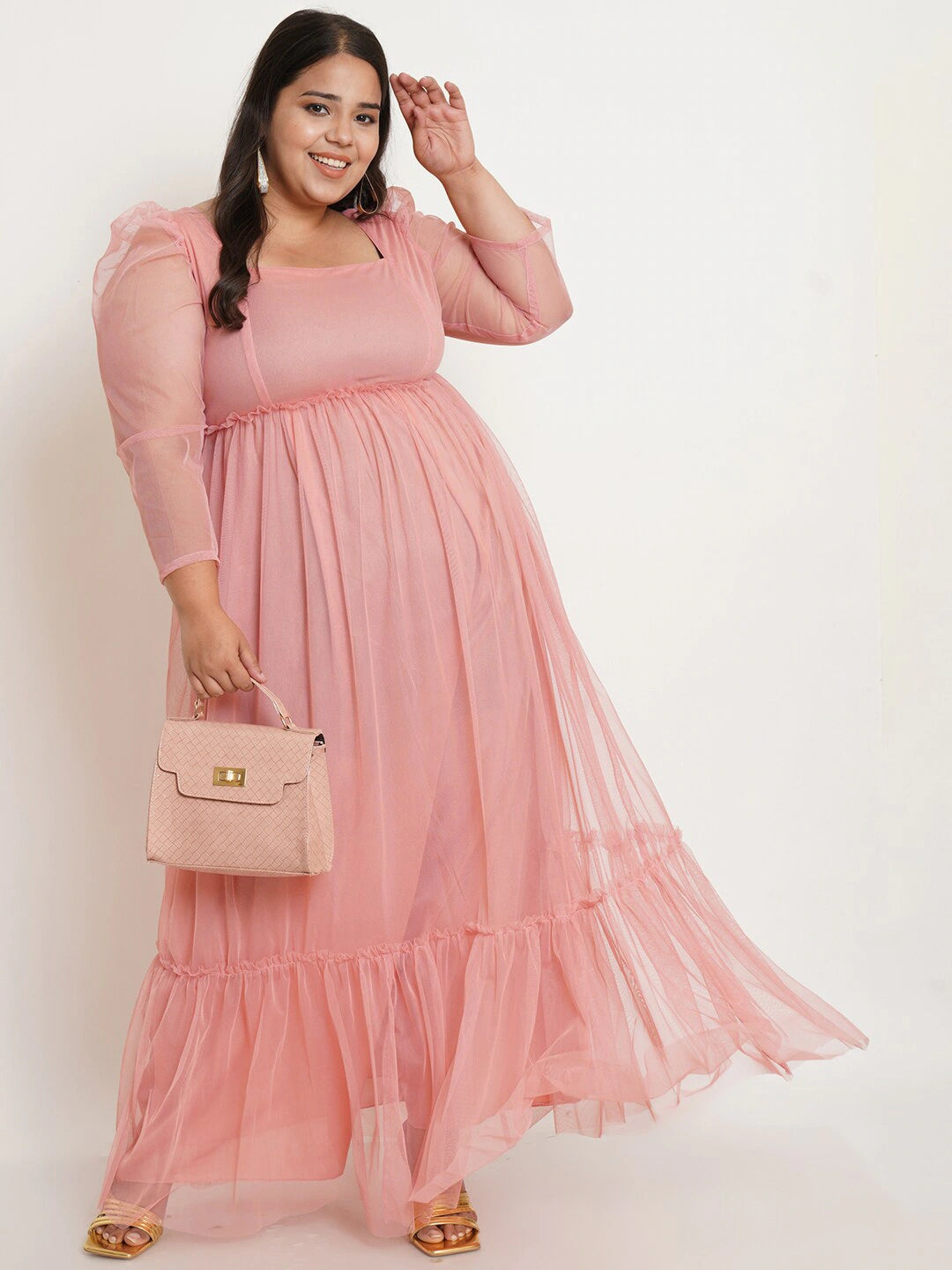 Women Plus Size Pink Net Maxi Dress