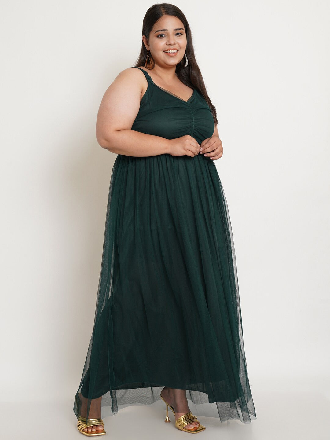Women Plus Size Green Net Maxi Dress