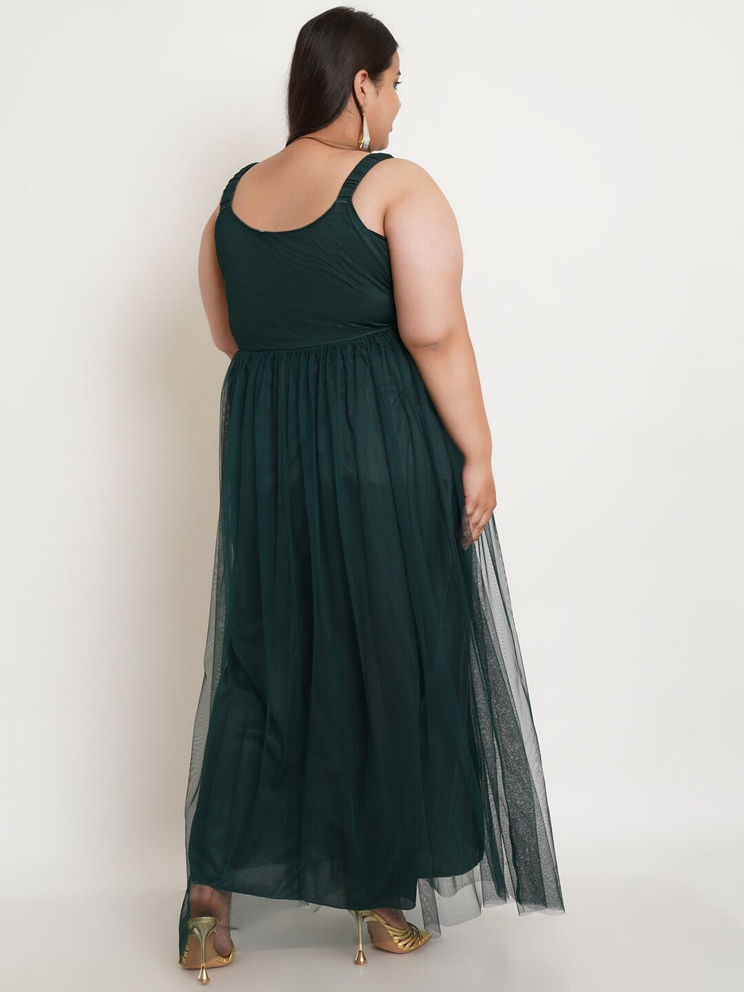 Women Plus Size Green Net Maxi Dress