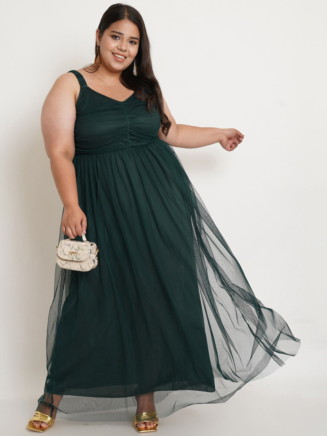 Women Plus Size Green Net Maxi Dress