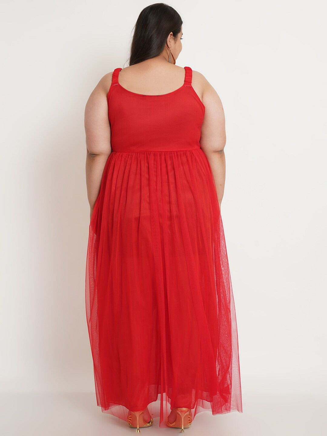 Women Plus Size Red Net Maxi Dress