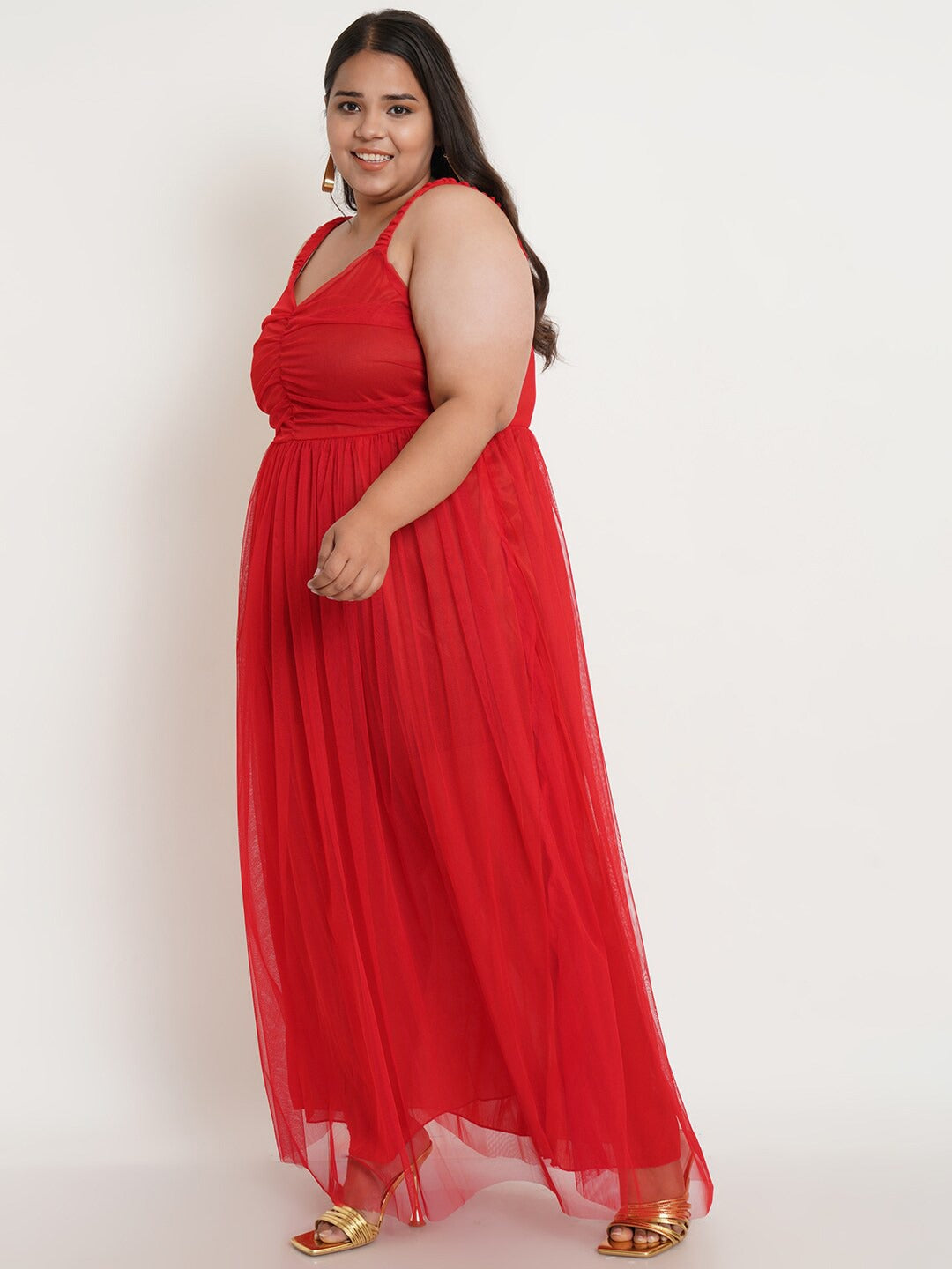 Women Plus Size Red Net Maxi Dress