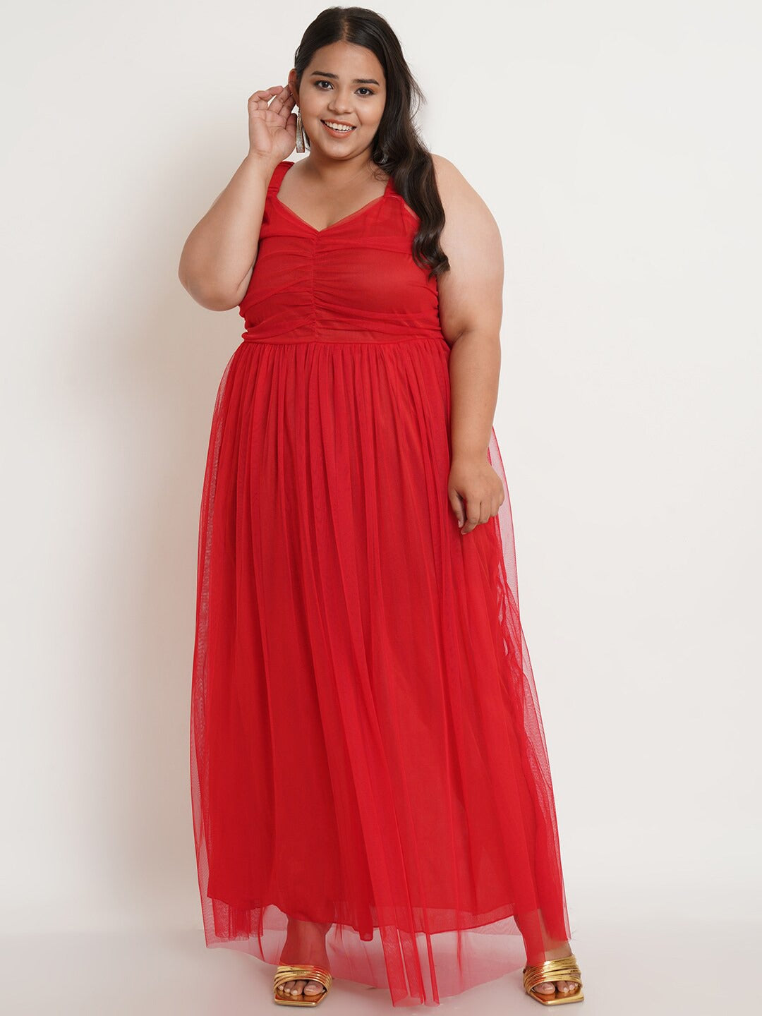 Women Plus Size Red Net Maxi Dress