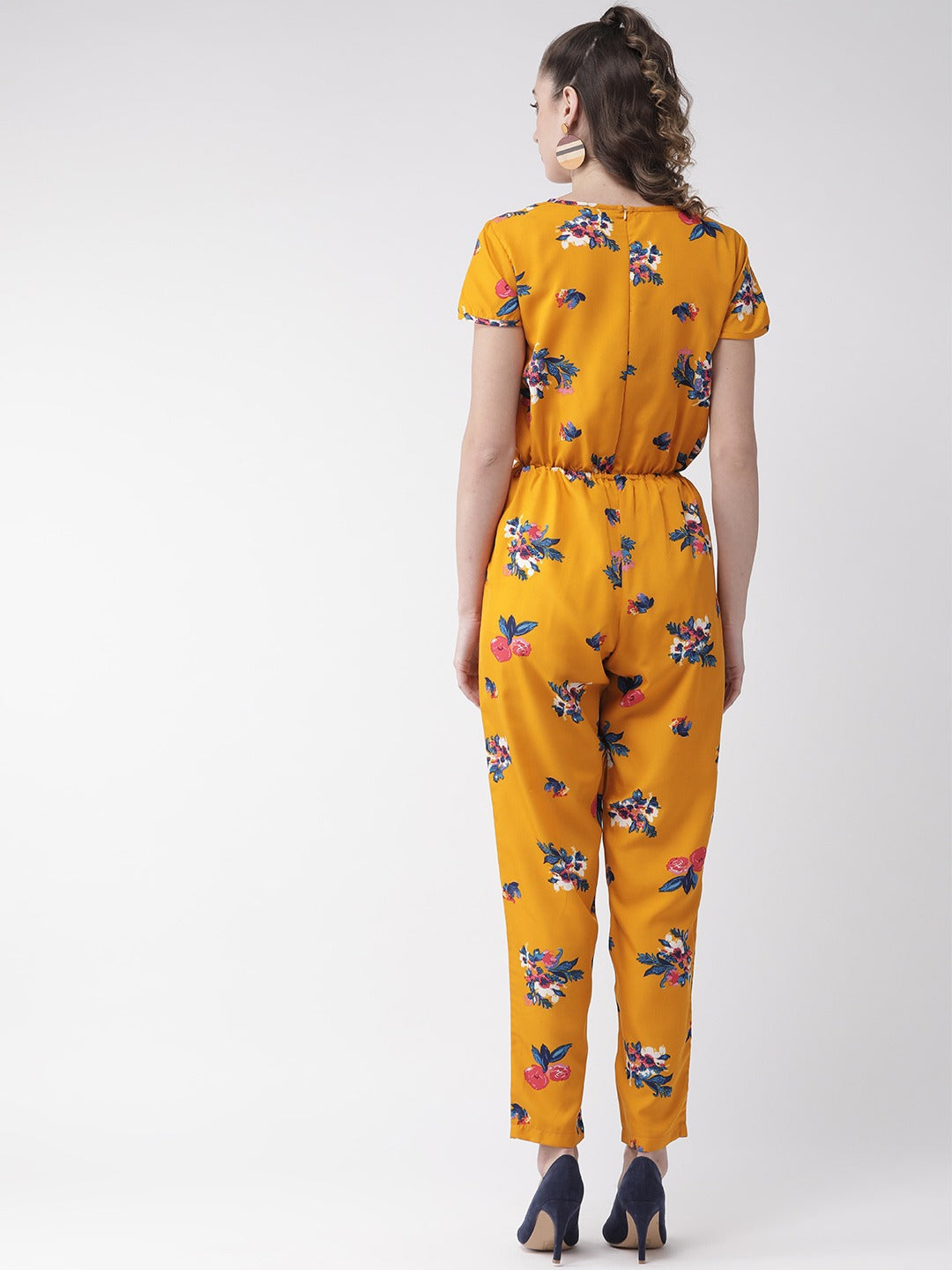 Women Mustard Yellow & Blue Printed Basic Jumpsuit