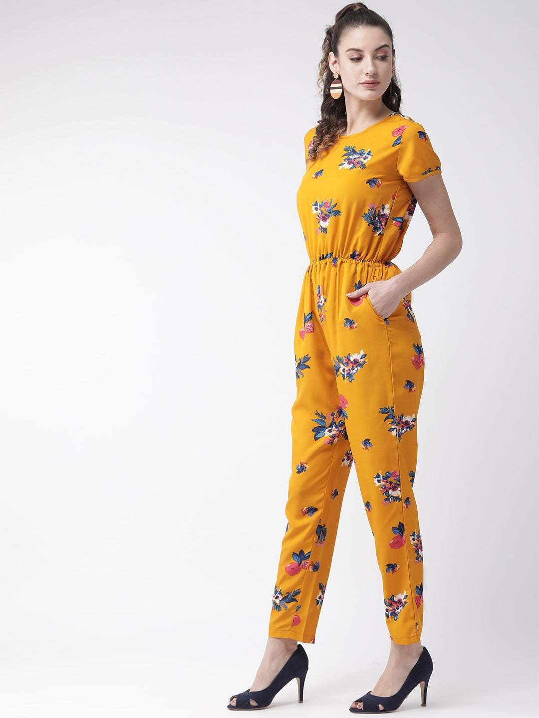 Women Mustard Yellow & Blue Printed Basic Jumpsuit