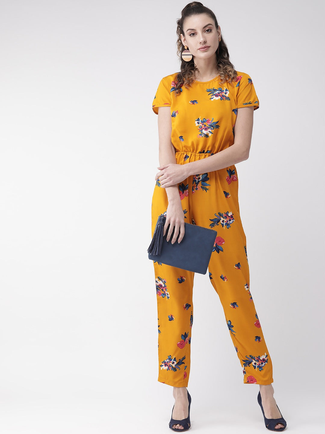 Women Mustard Yellow & Blue Printed Basic Jumpsuit