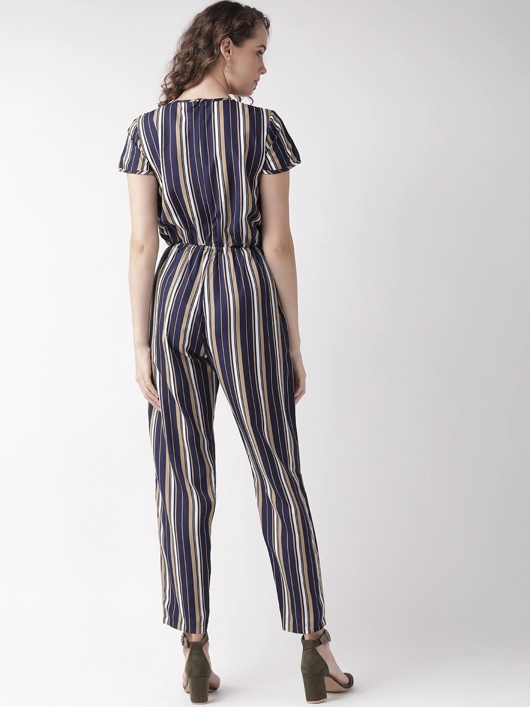 Women Navy Blue & Beige Striped Basic Jumpsuit