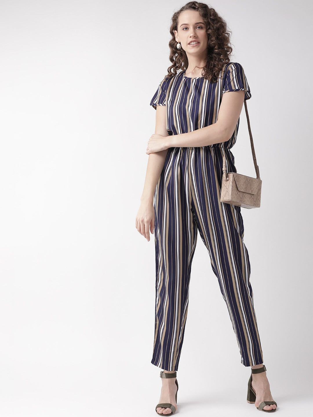 Women Navy Blue & Beige Striped Basic Jumpsuit