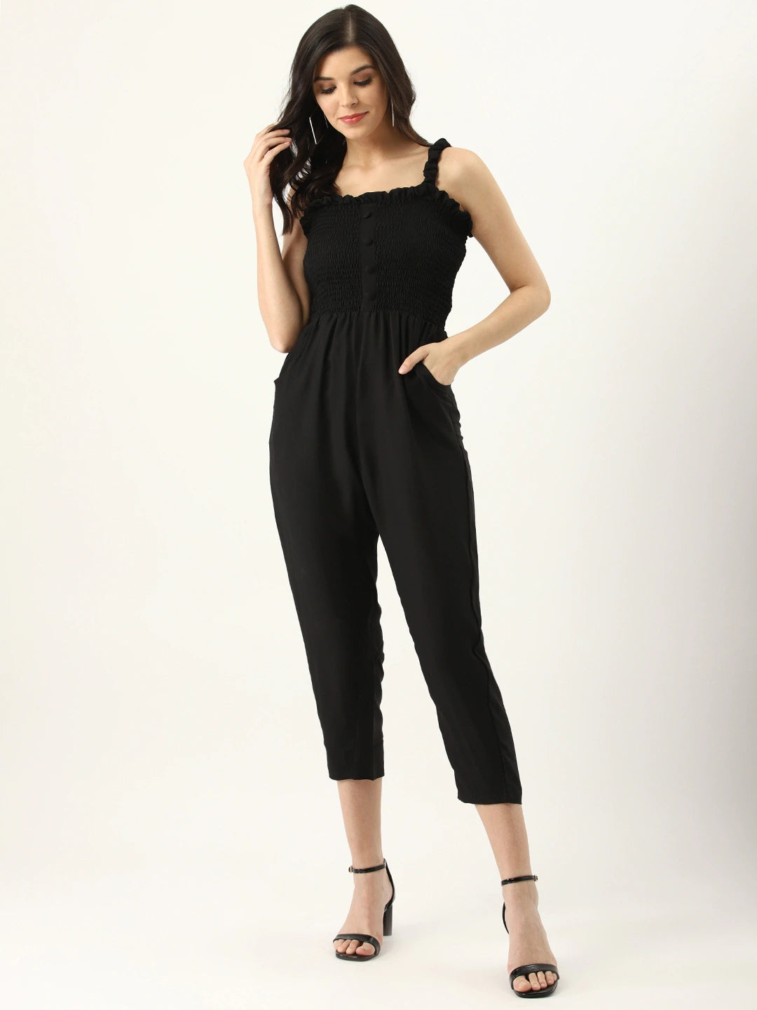 Women Black Smoked Bodice Solid Basic Jumpsuit