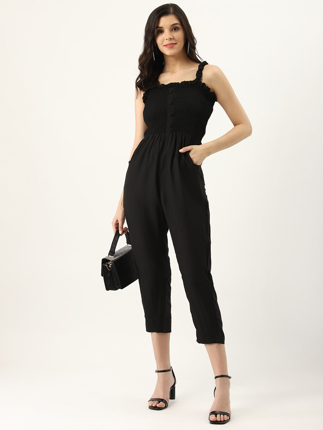 Women Black Smoked Bodice Solid Basic Jumpsuit