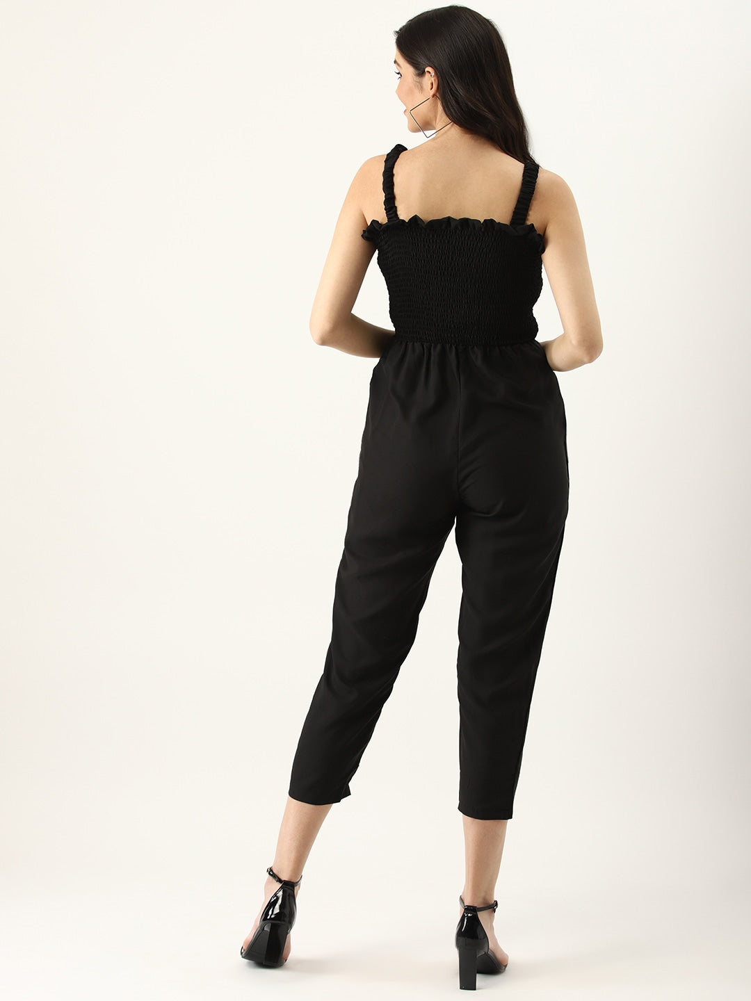 Women Black Smoked Bodice Solid Basic Jumpsuit
