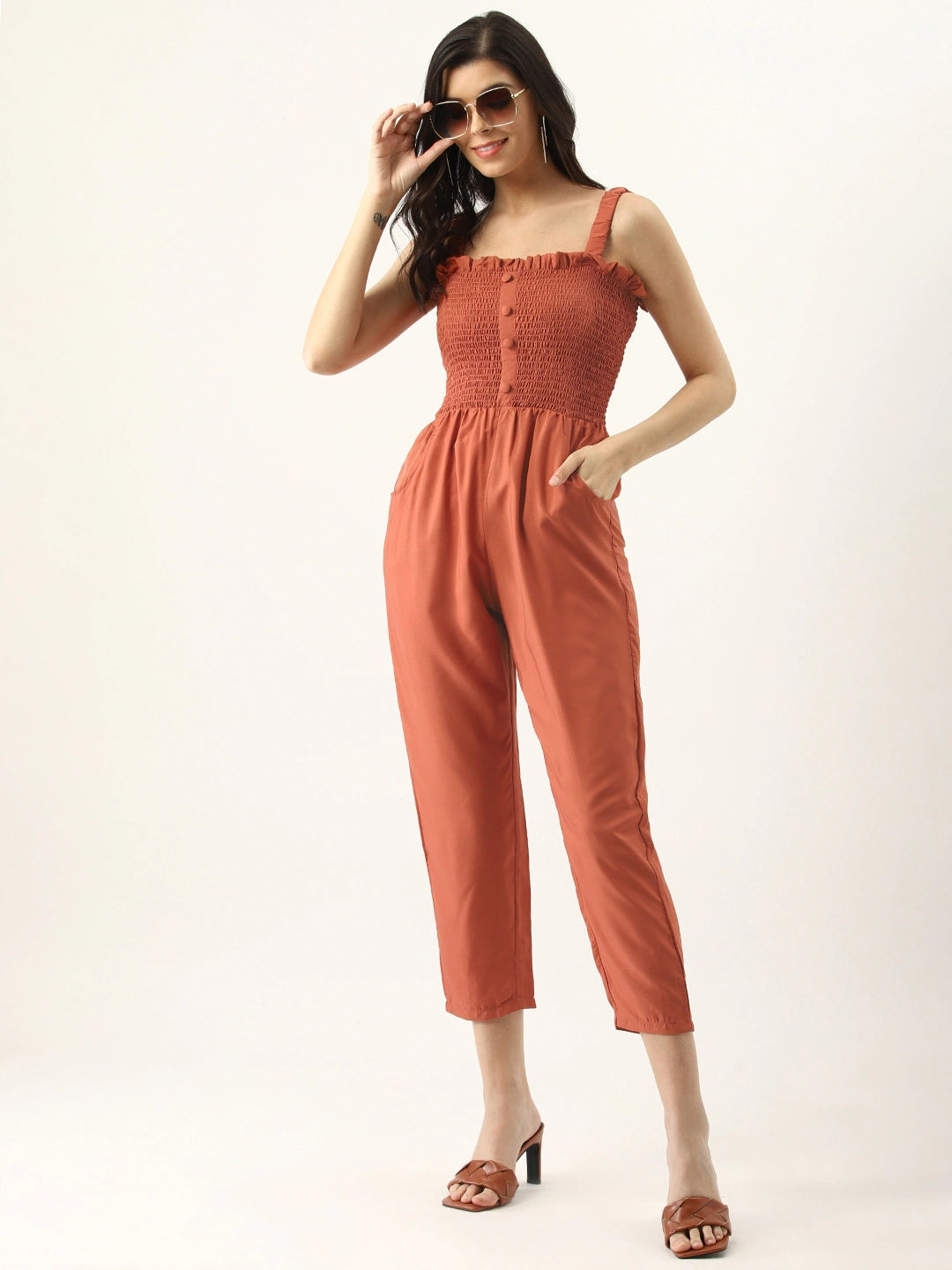 Women Rust Orange Smoked Bodice Solid Basic Jumpsuit