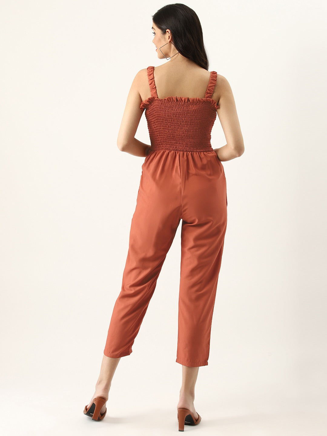 Women Rust Orange Smoked Bodice Solid Basic Jumpsuit