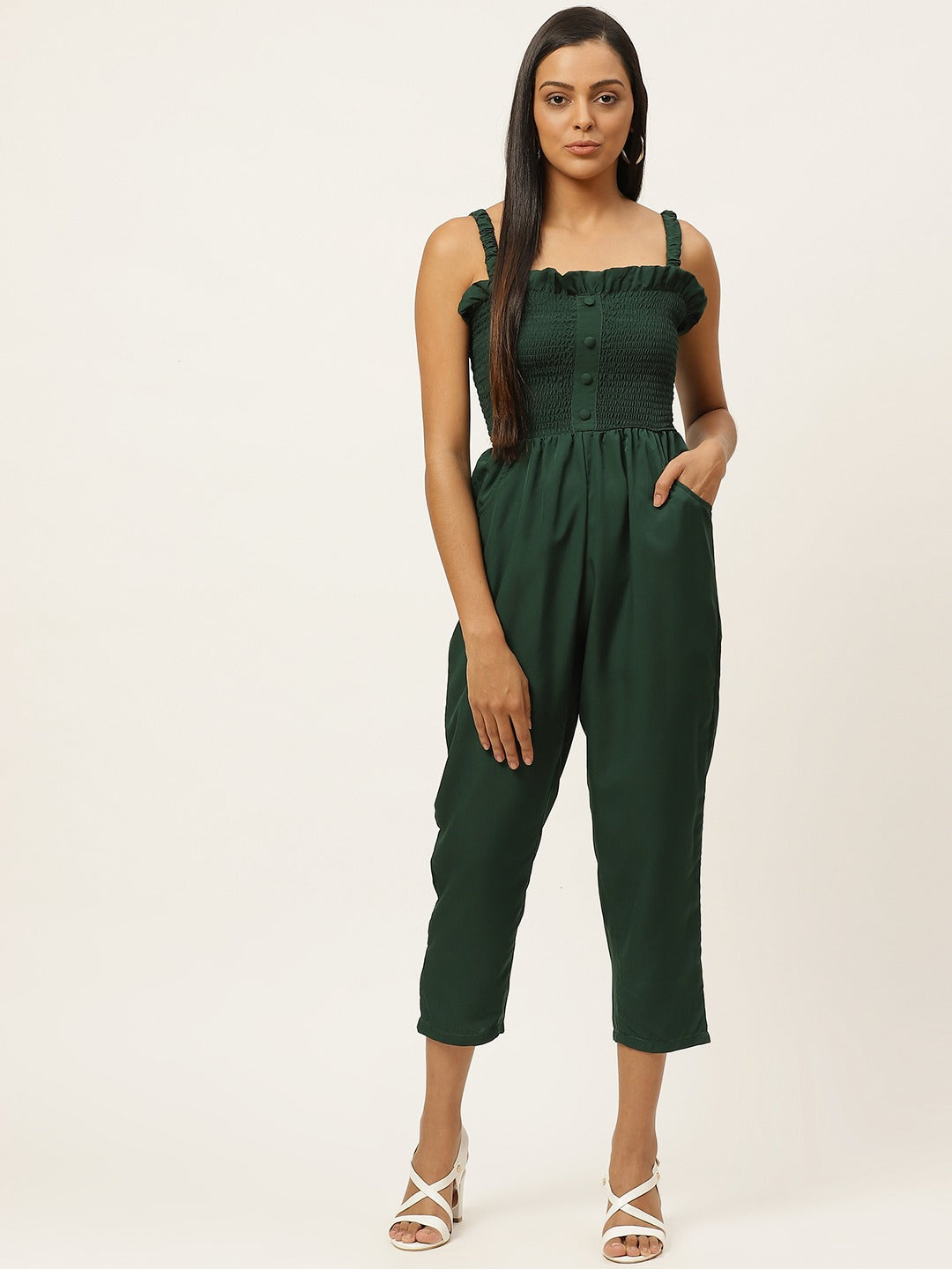 Women Green Self Design Smocked Capri Jumpsuit