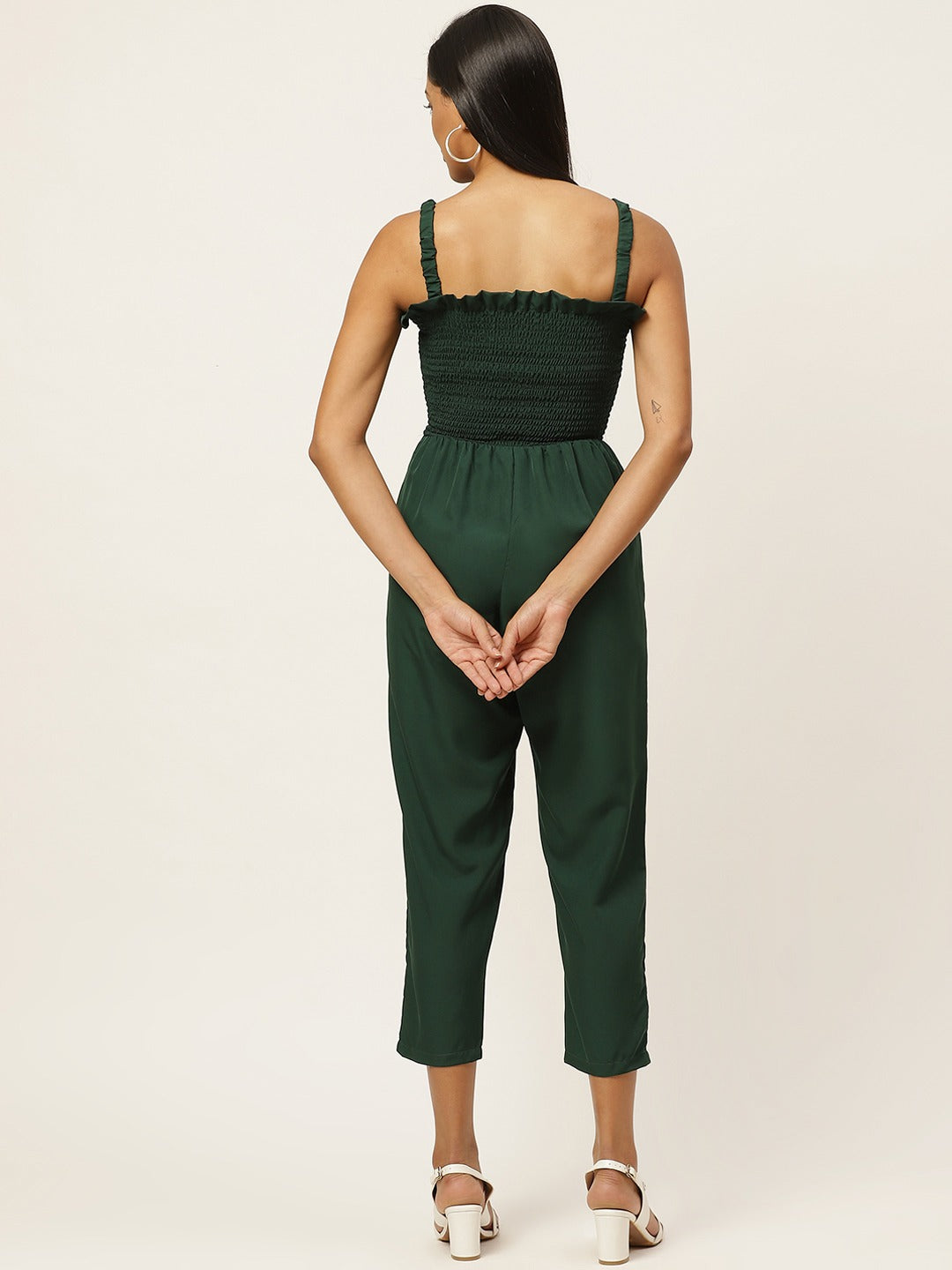 Women Green Self Design Smocked Capri Jumpsuit